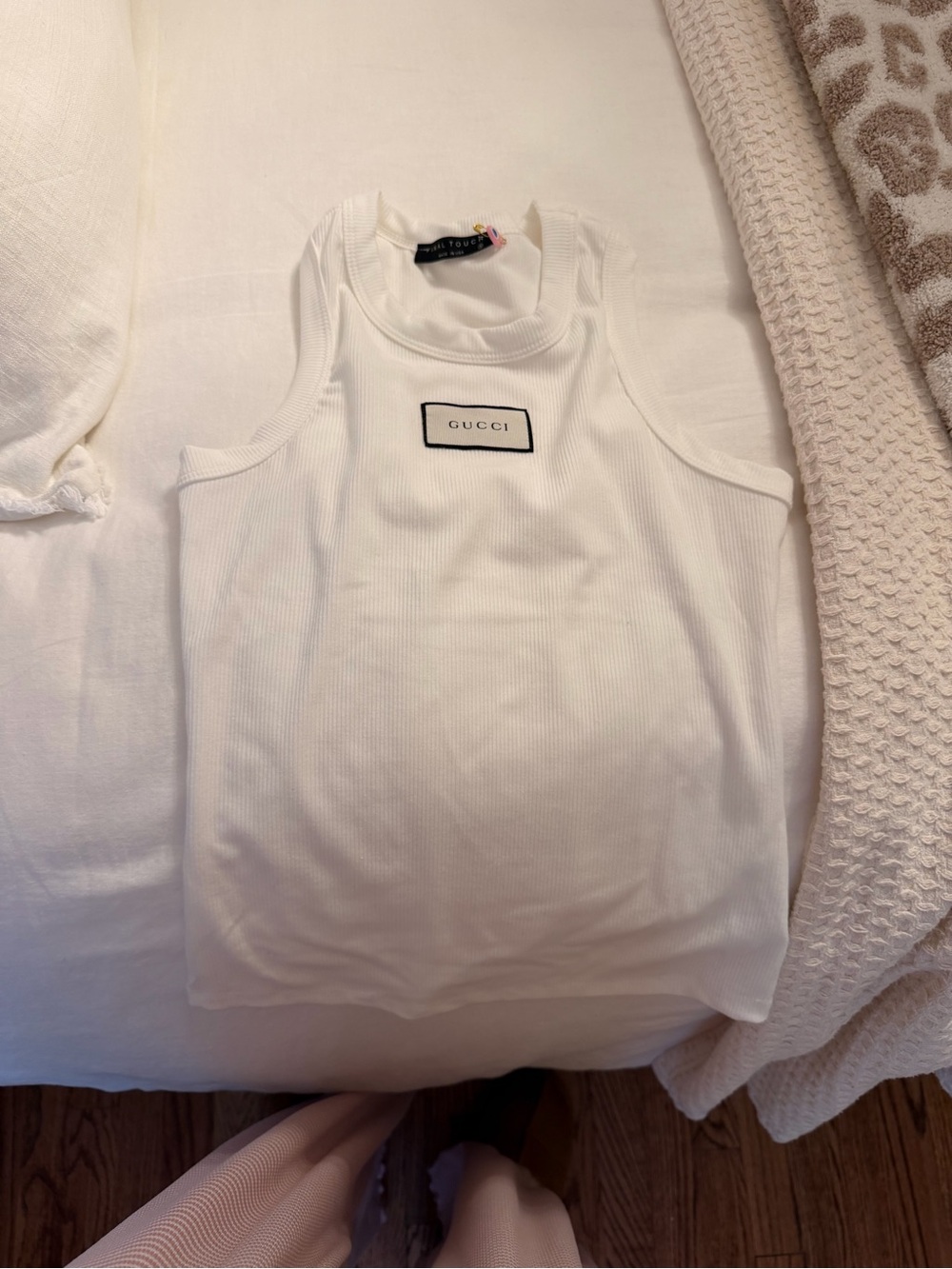 Gucci White Ribbed Tank with Black Logo Patch